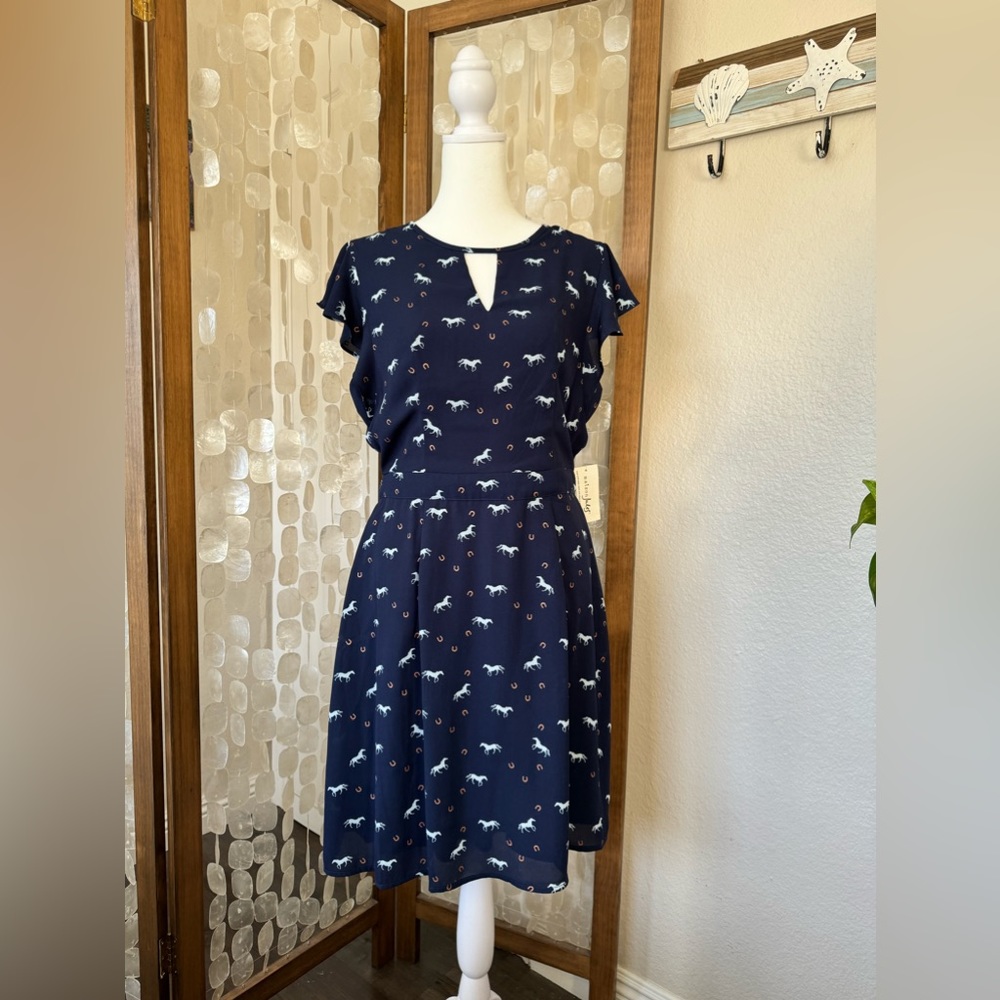 Navy Blue Dress Maison Jules Horse and Horseshoes pattern CHARMING! M New w Tags